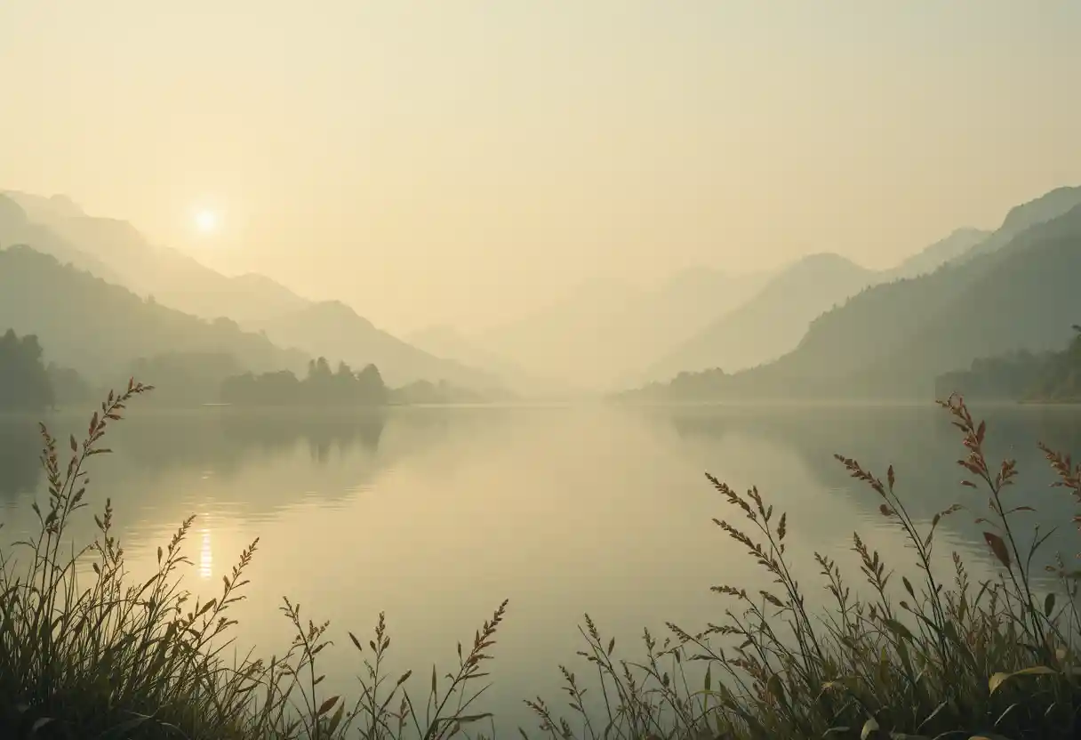Paisagem tranquila de rio ao nascer do sol com montanhas distantes enevoadas