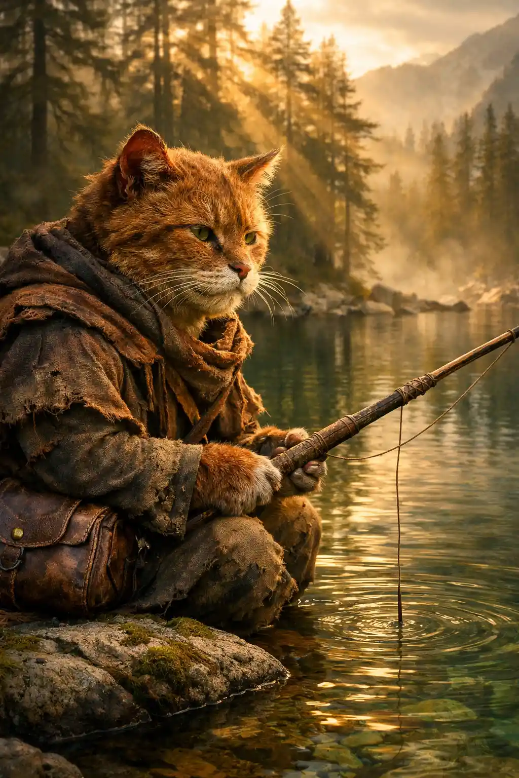Gatto randagio regale che pesca in un lago di montagna