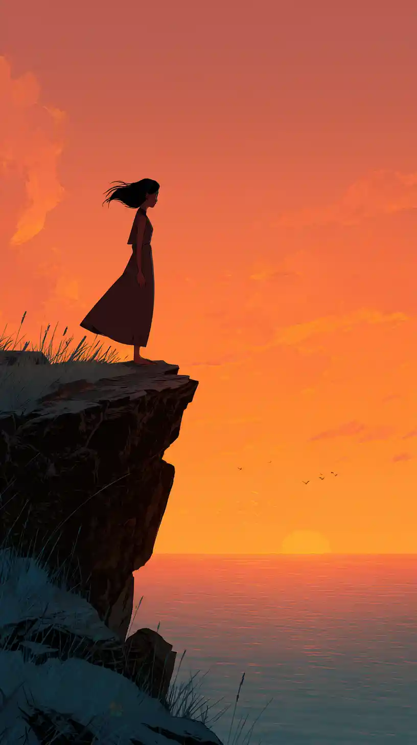 極簡插畫中的夕陽海崖女子