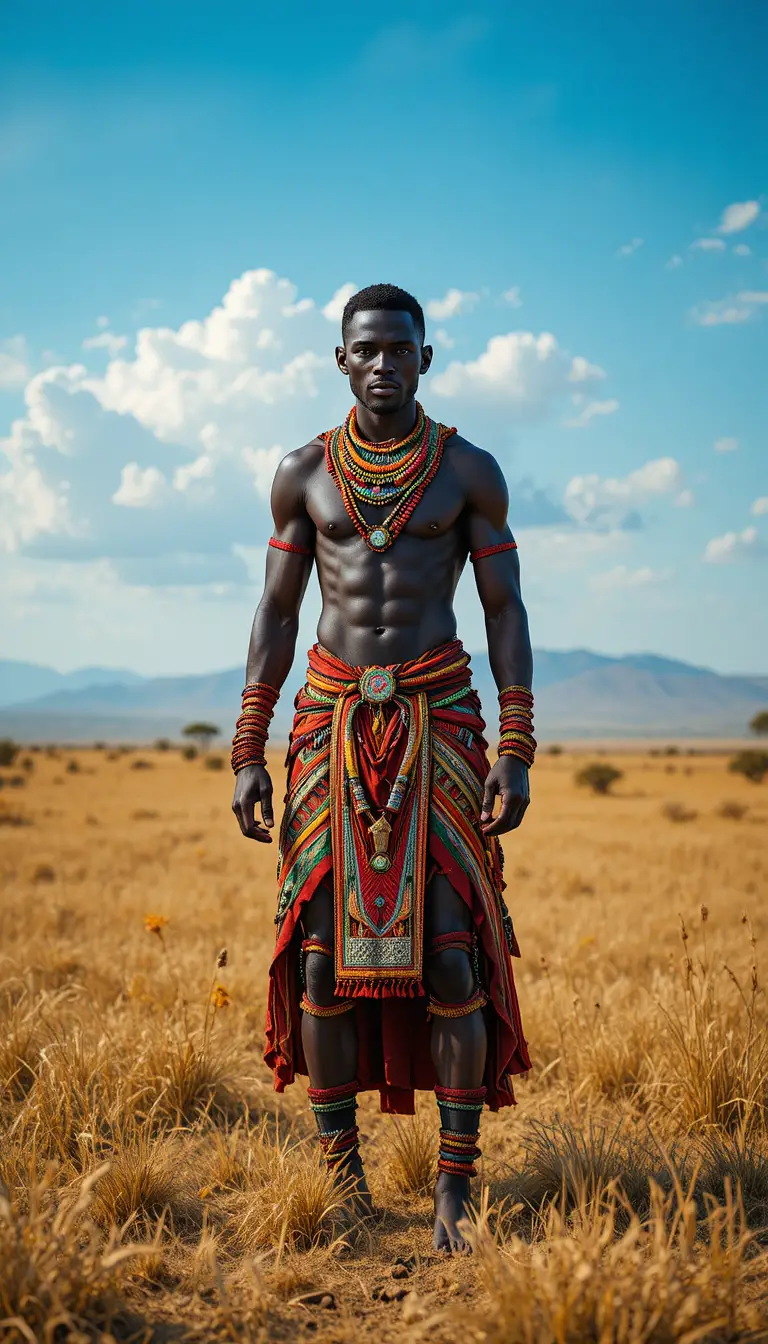 African warrior standing proud in sunlit open savannah