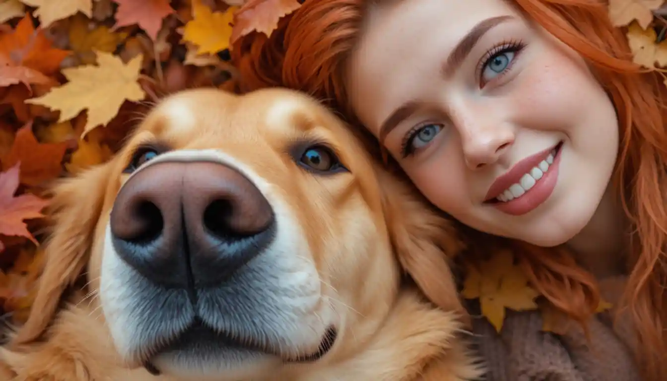 Close-up do focinho de um cão ao lado do rosto de uma mulher sardenta