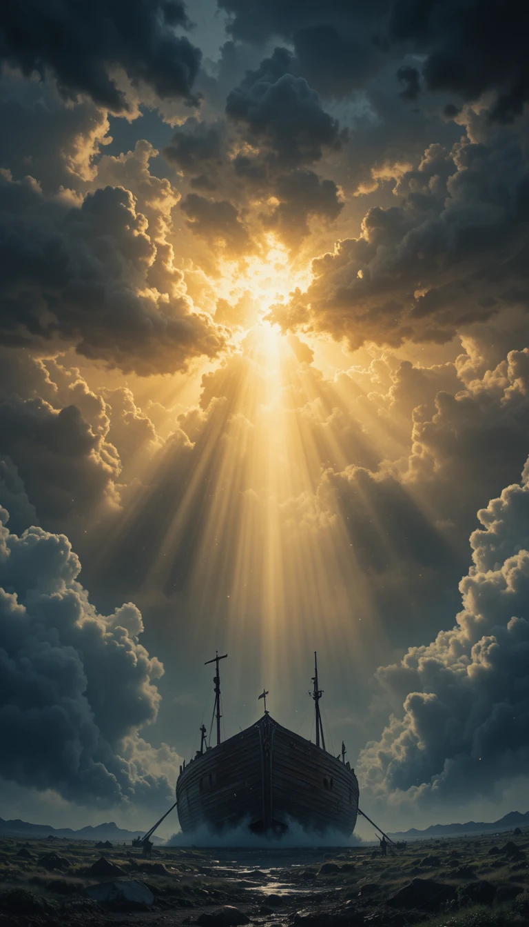 Divine light breaking through storm clouds above Noahs Ark