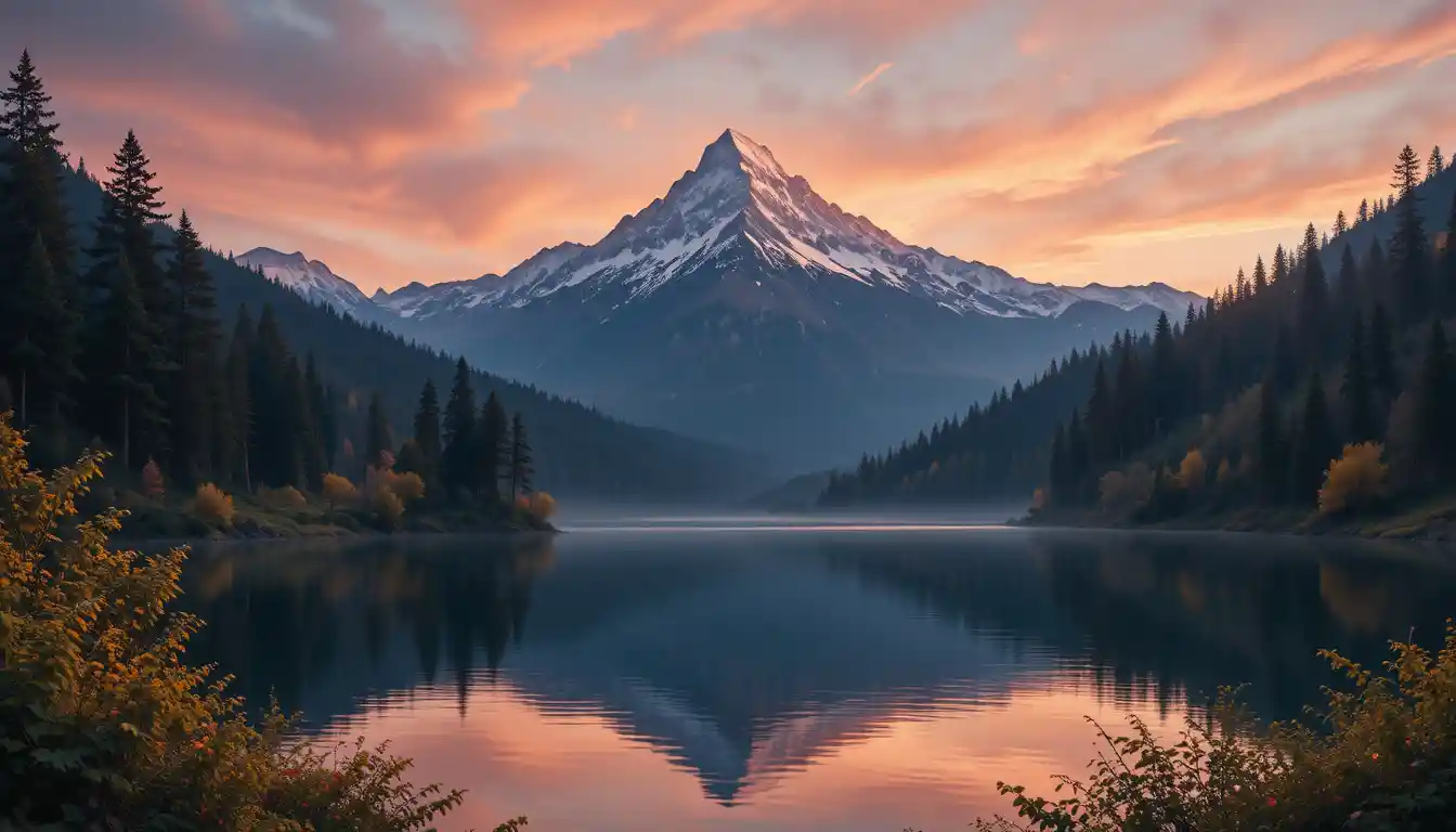 Lago de Montanha ao Pôr do Sol com Floresta Suavemente Iluminada