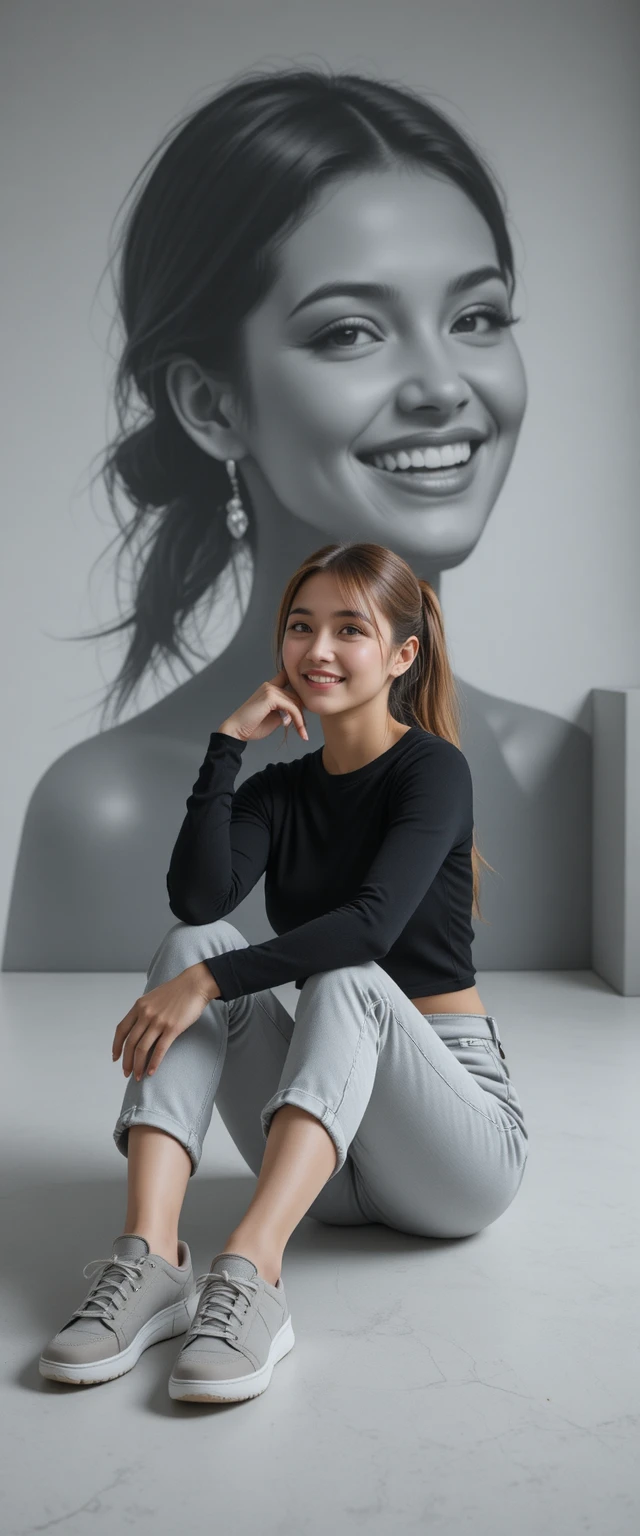 Donna sorridente seduta sul pavimento dello studio con murale ritratto