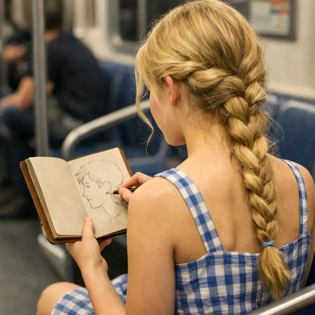 Adolescente desenhando no metrô usando um vestido xadrez