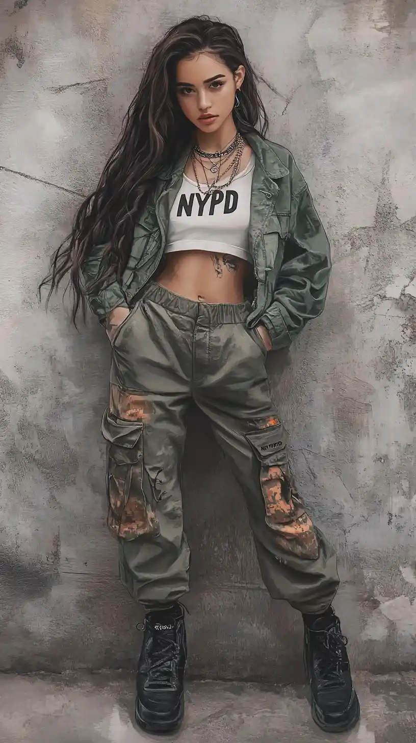 Young woman in urban streetwear against concrete wall