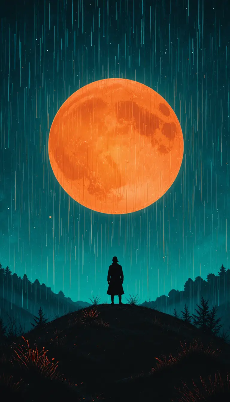 明亮月光下雨中山丘上的孤獨身影
