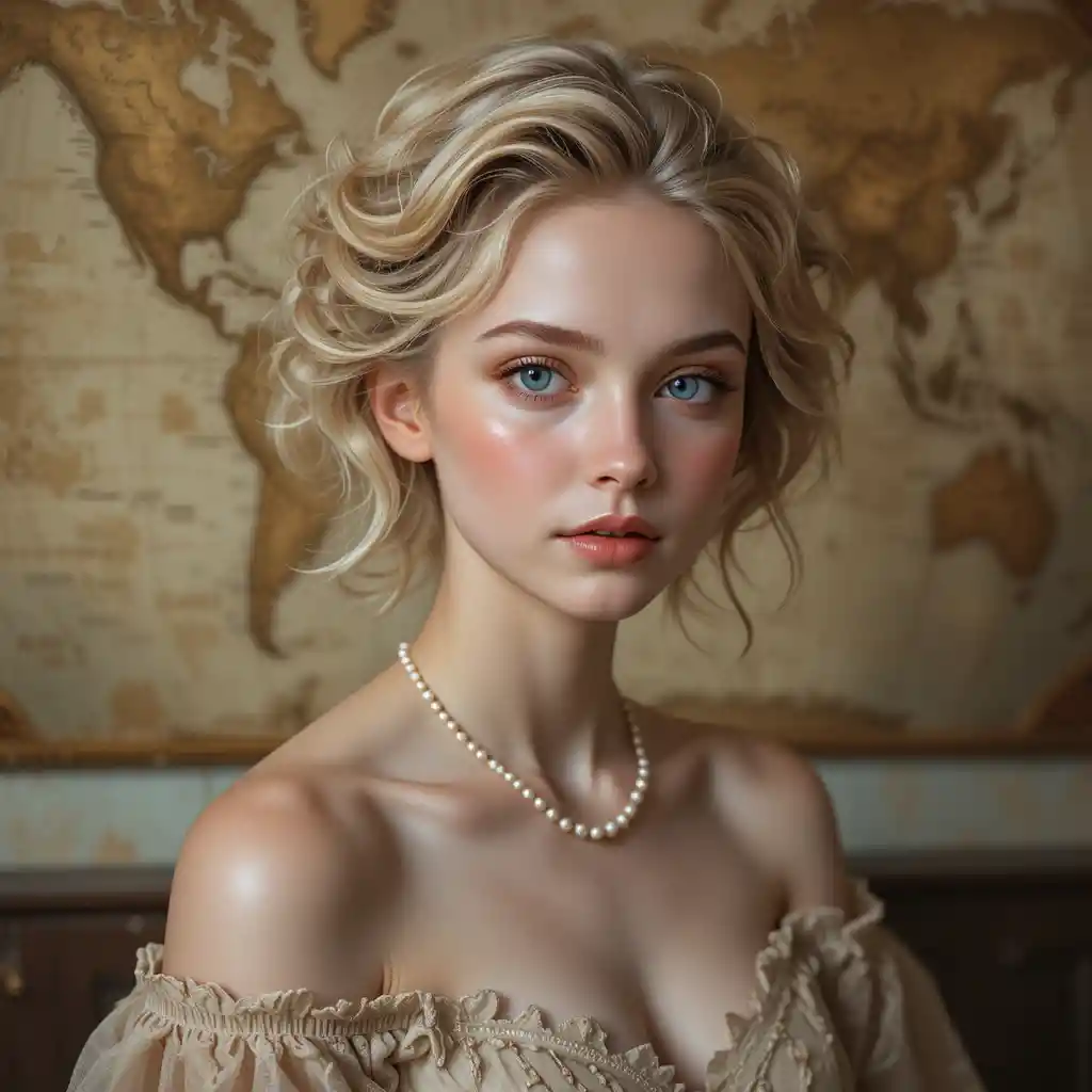 Elegant portrait of a young woman before antique map