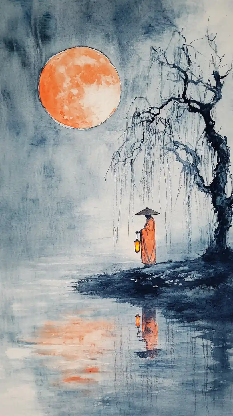 Lone Lantern Lit Traveler By A Moonlit Lakeshore