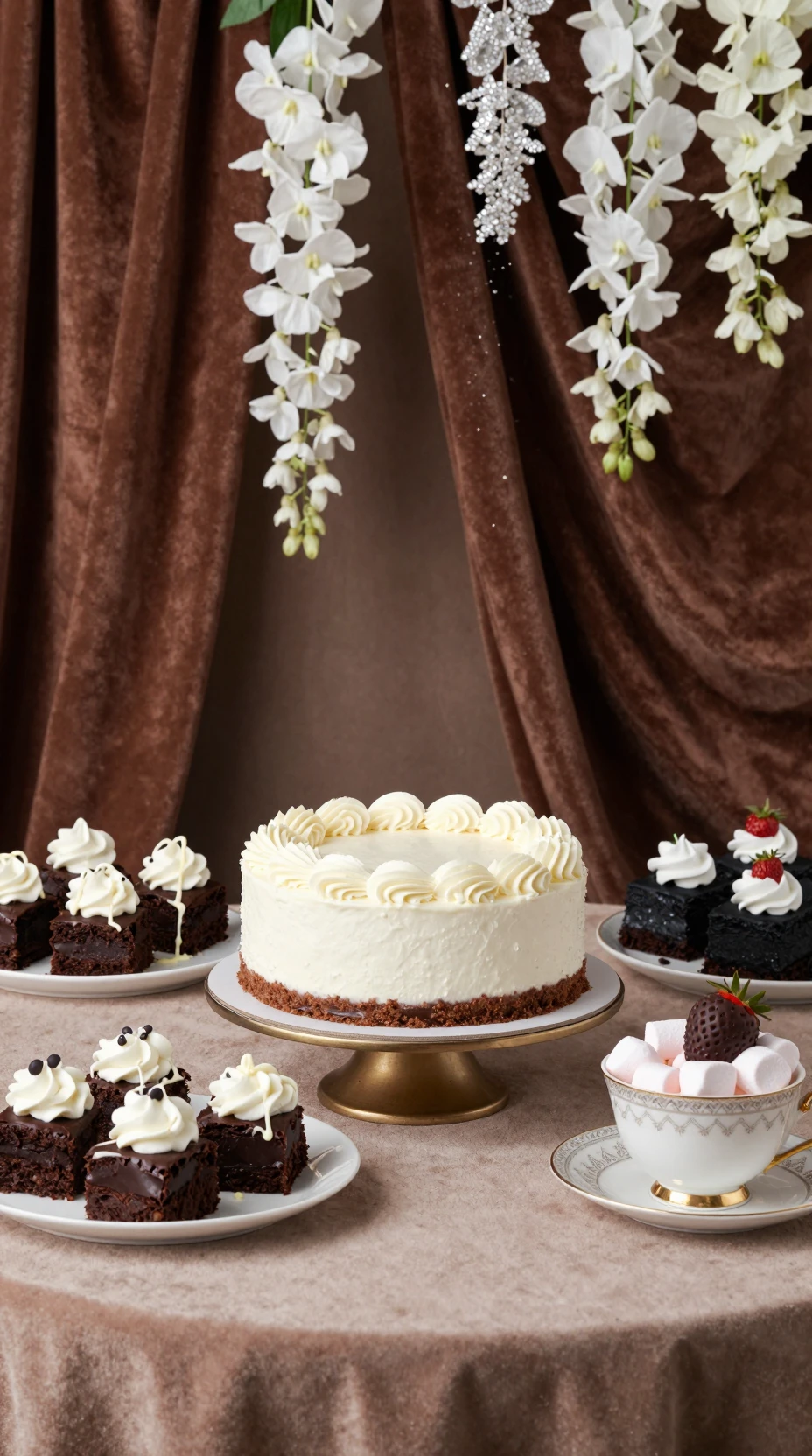 Cheesecake de Chocolate Branco em Mesa de Sobremesas Luxuosa