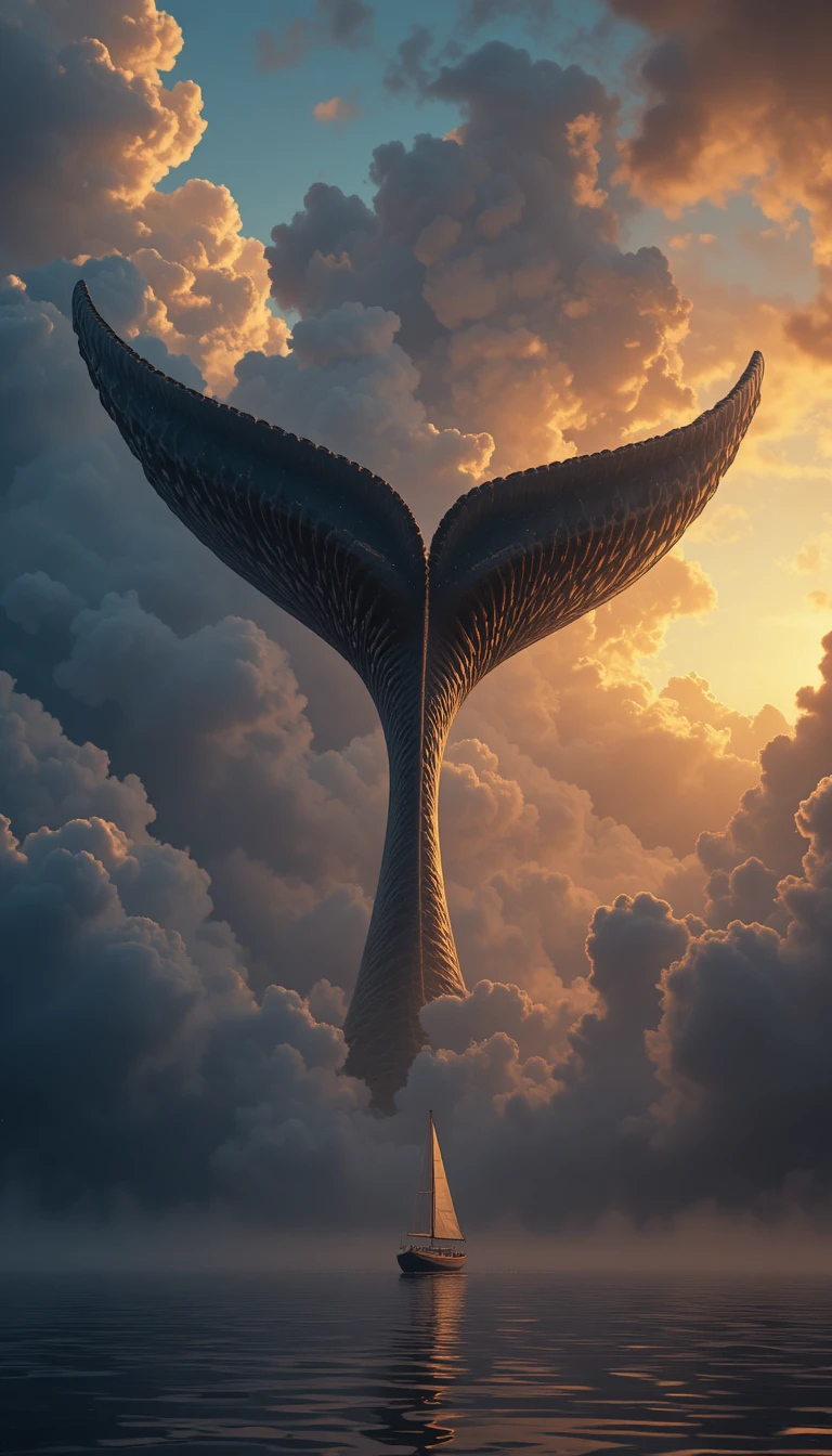 Cauda de baleia surreal surgindo de nuvens tempestuosas ao pôr do sol