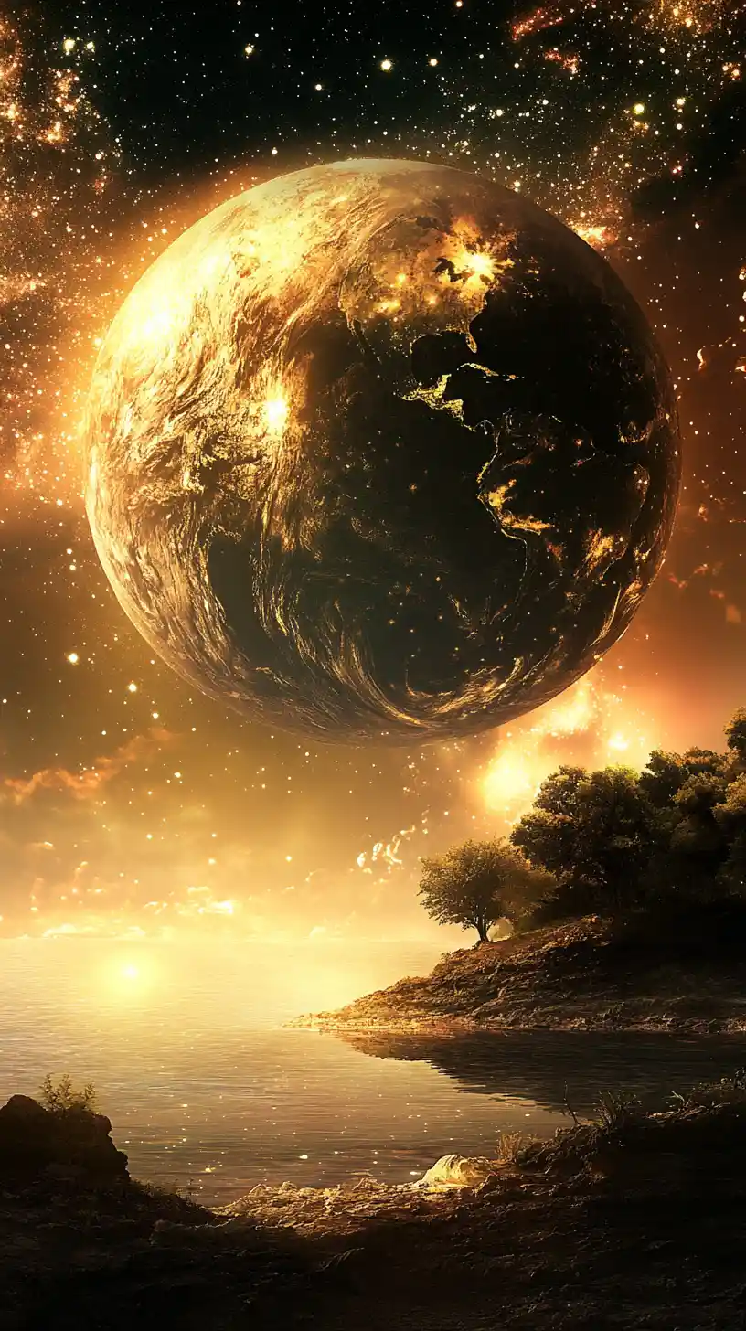 銀河の空に浮かぶ惑星と融合したエイリアンの顔