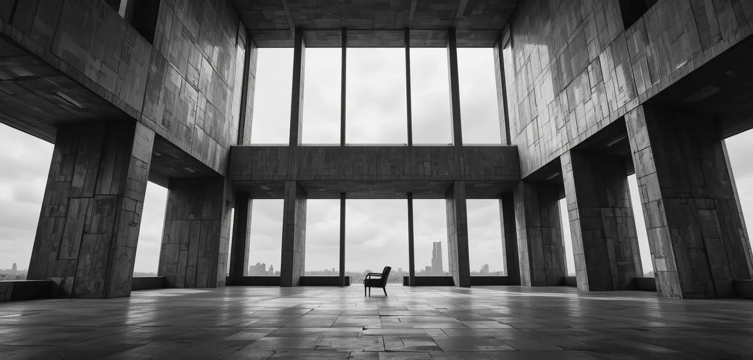 Brutalist interior with geometric windows in dramatic black and white
