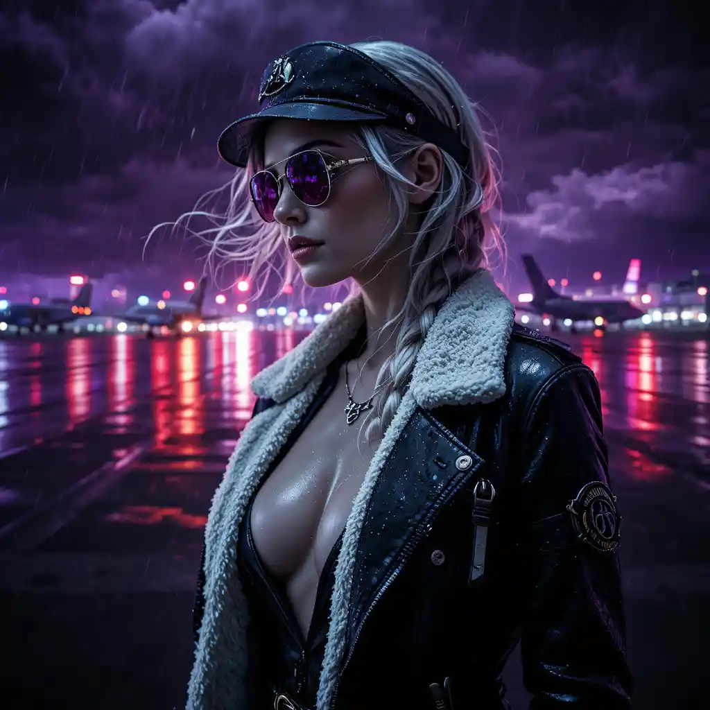 Noir close up of a female pilot on rainy runway