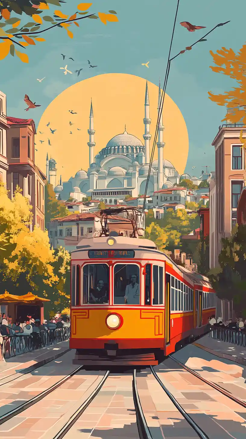 Ilustración de tren rojo vintage en una calle soleada de Estambul