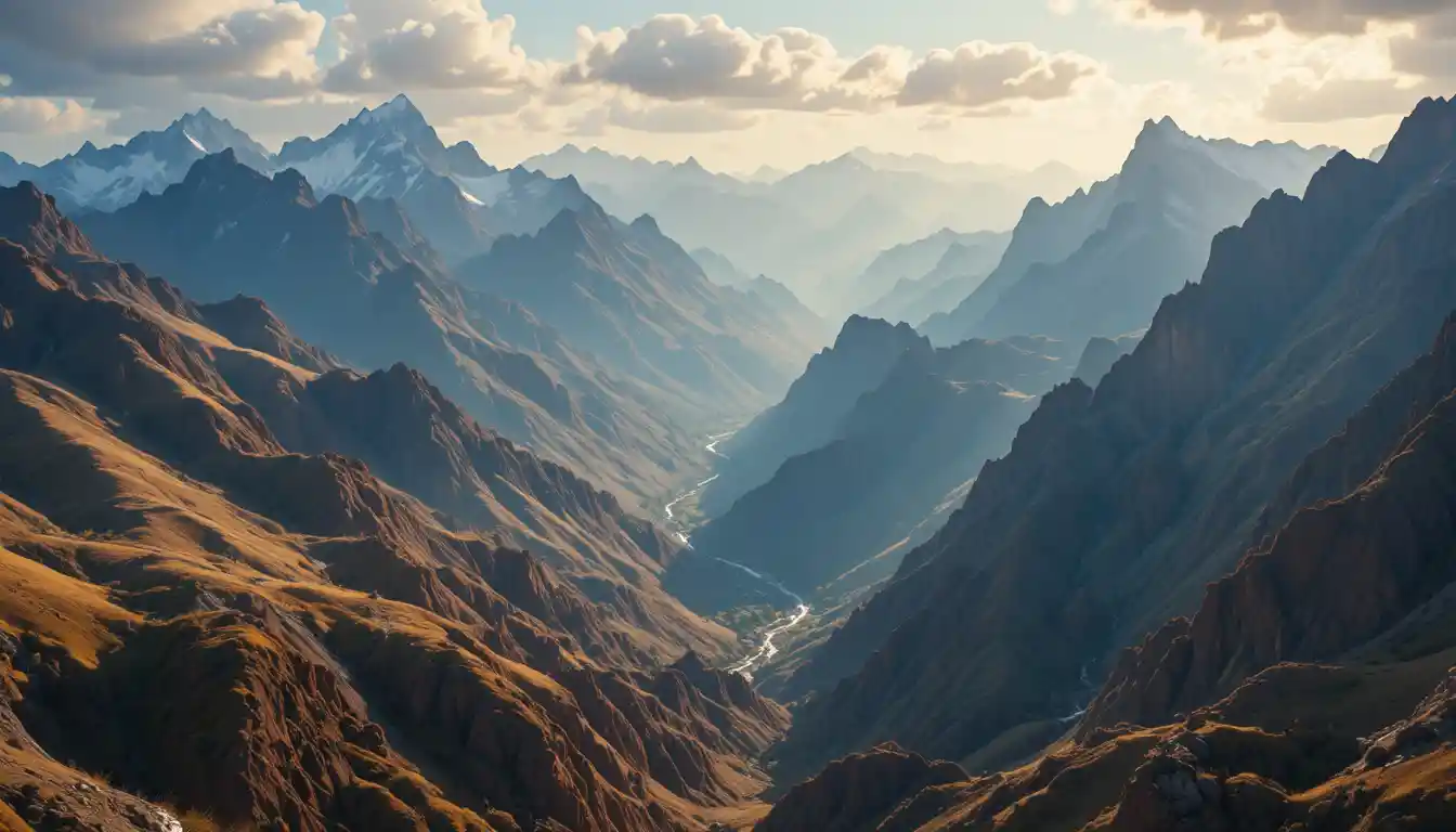 Large vue cinématographique d’un majestueux paysage de montagnes baigné de soleil