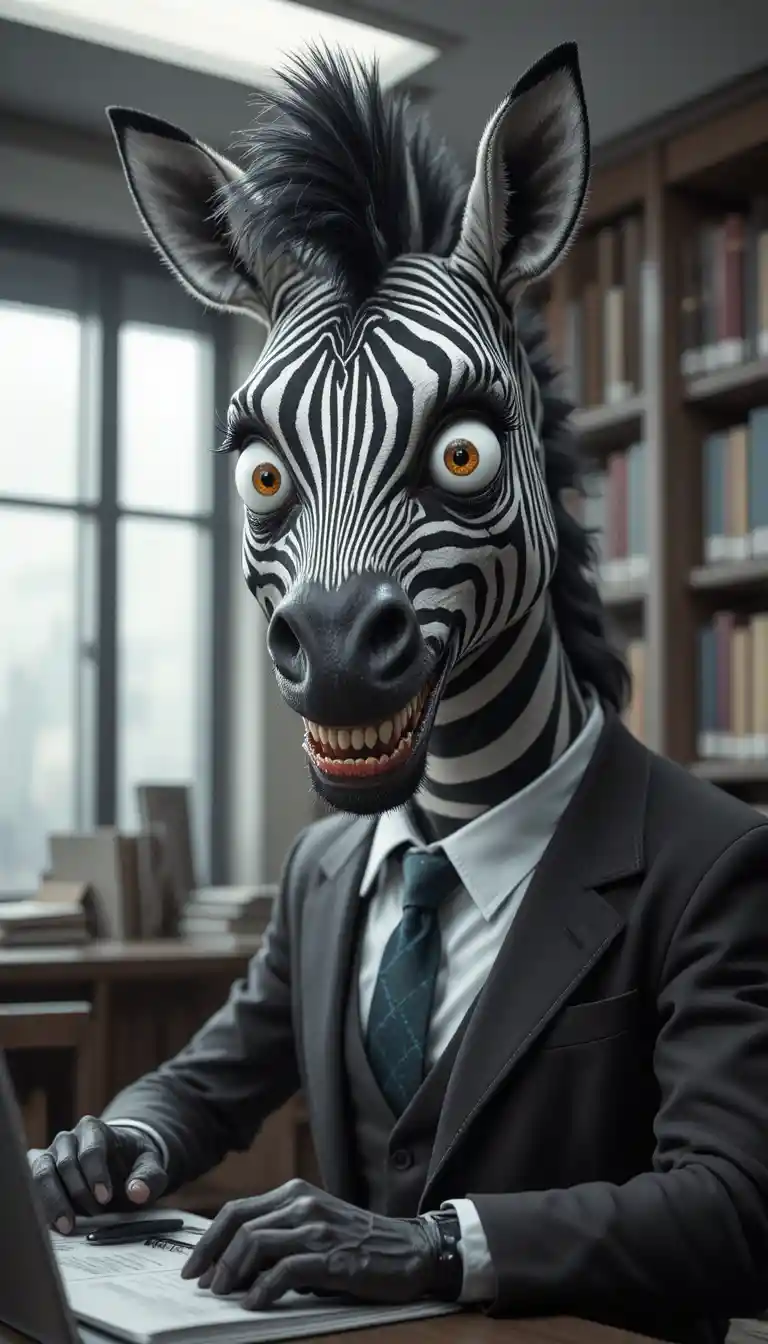 Crazy zebra librarian with googly eyes in a busy library