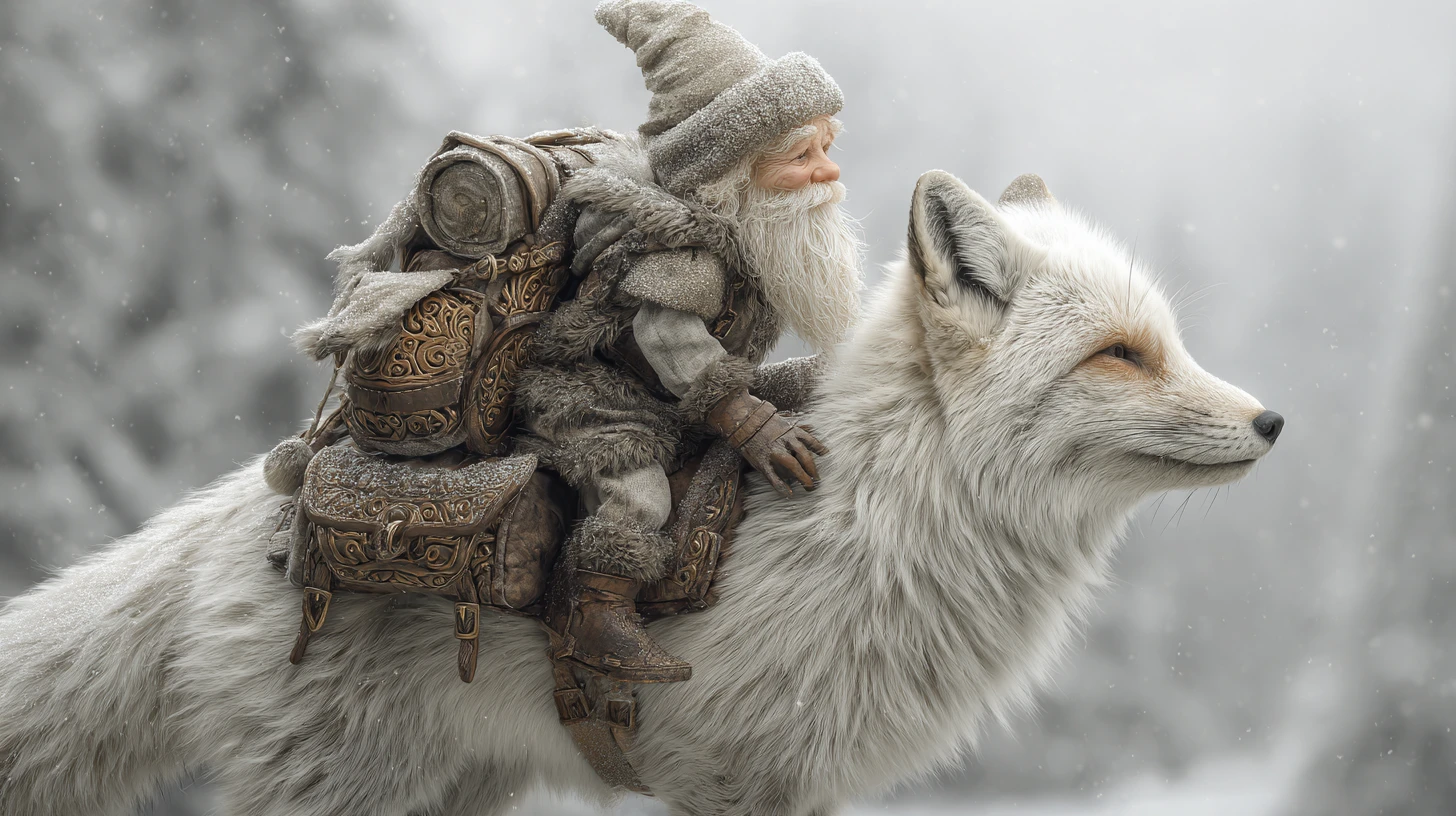 Minuscule gnome chevauchant un renard blanc dans une forêt enneigée
