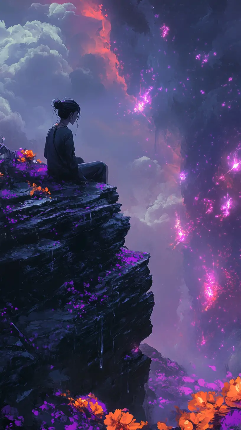 神祕花海景觀中佇立在嶙峋岩石上的孤獨身影