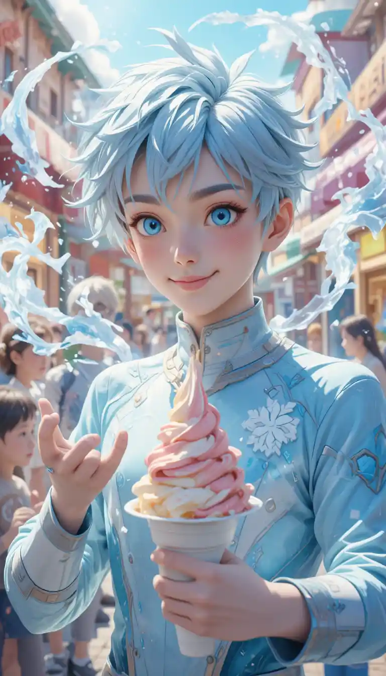 Ragazzo di ghiaccio in stile anime che evoca gelato magico in strada