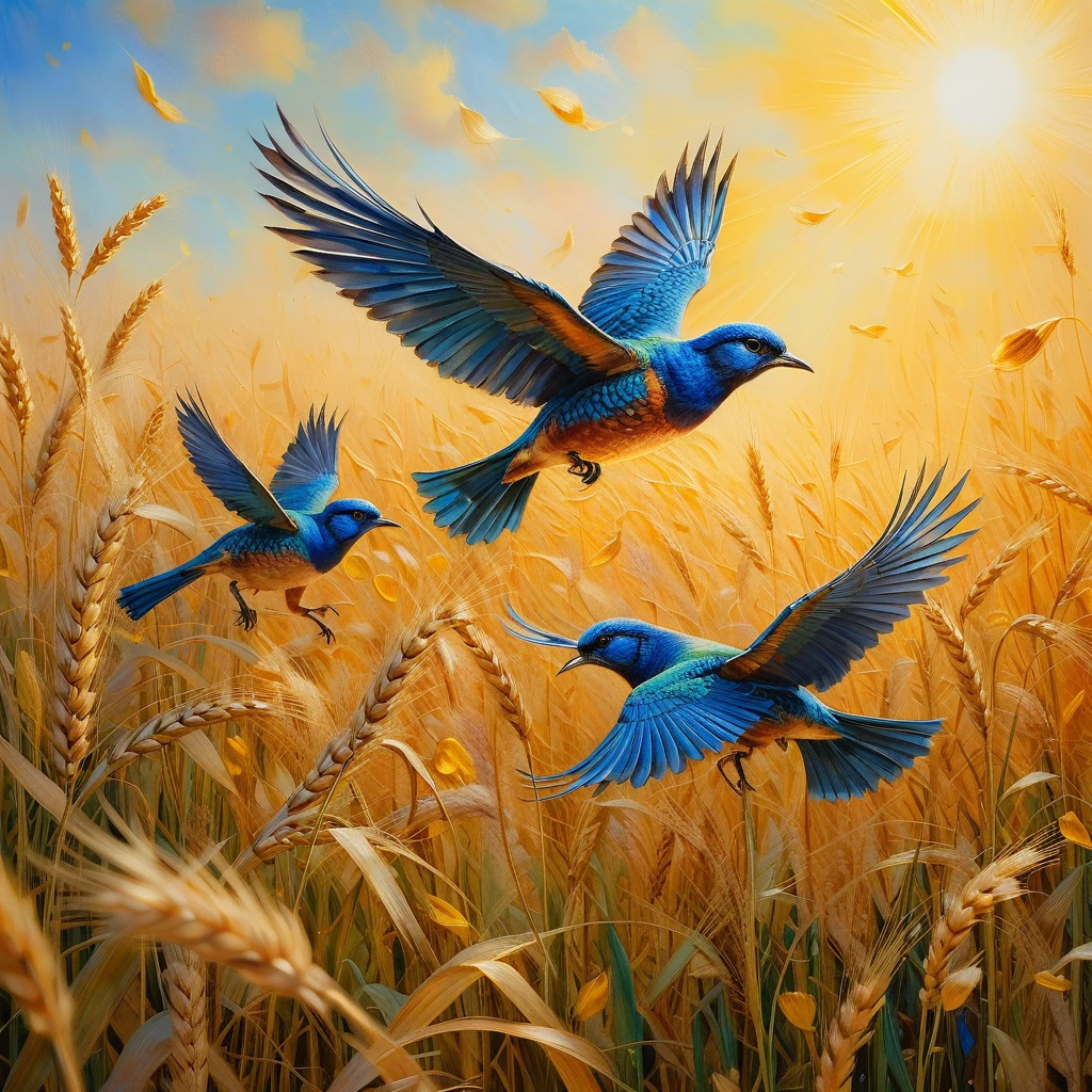 Blue birds soaring above a radiant golden wheat field