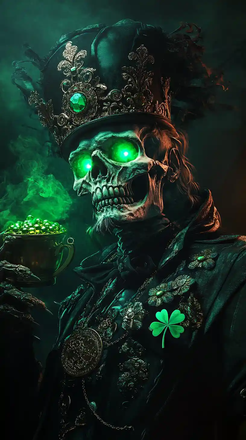Dark skeletal king with emerald eyes and glowing gold