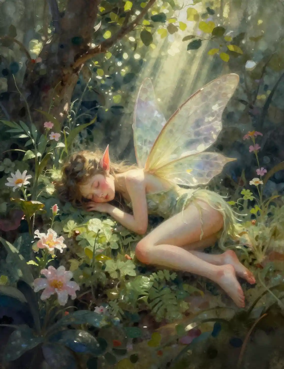 Pixie addormentata sotto fiori rigogliosi in drammatico controluce