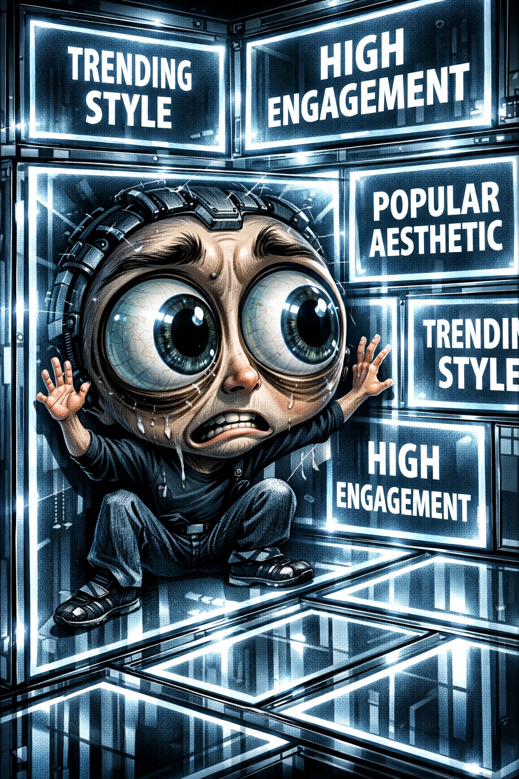 Artista IA caricaturale intrappolato in una griglia luminosa di template digitali