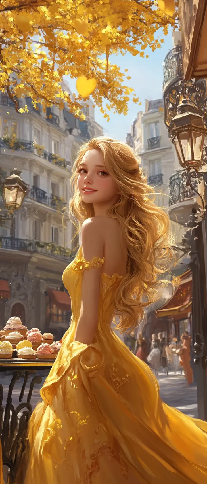 Young woman in yellow dress at Paris ice cream parlor
