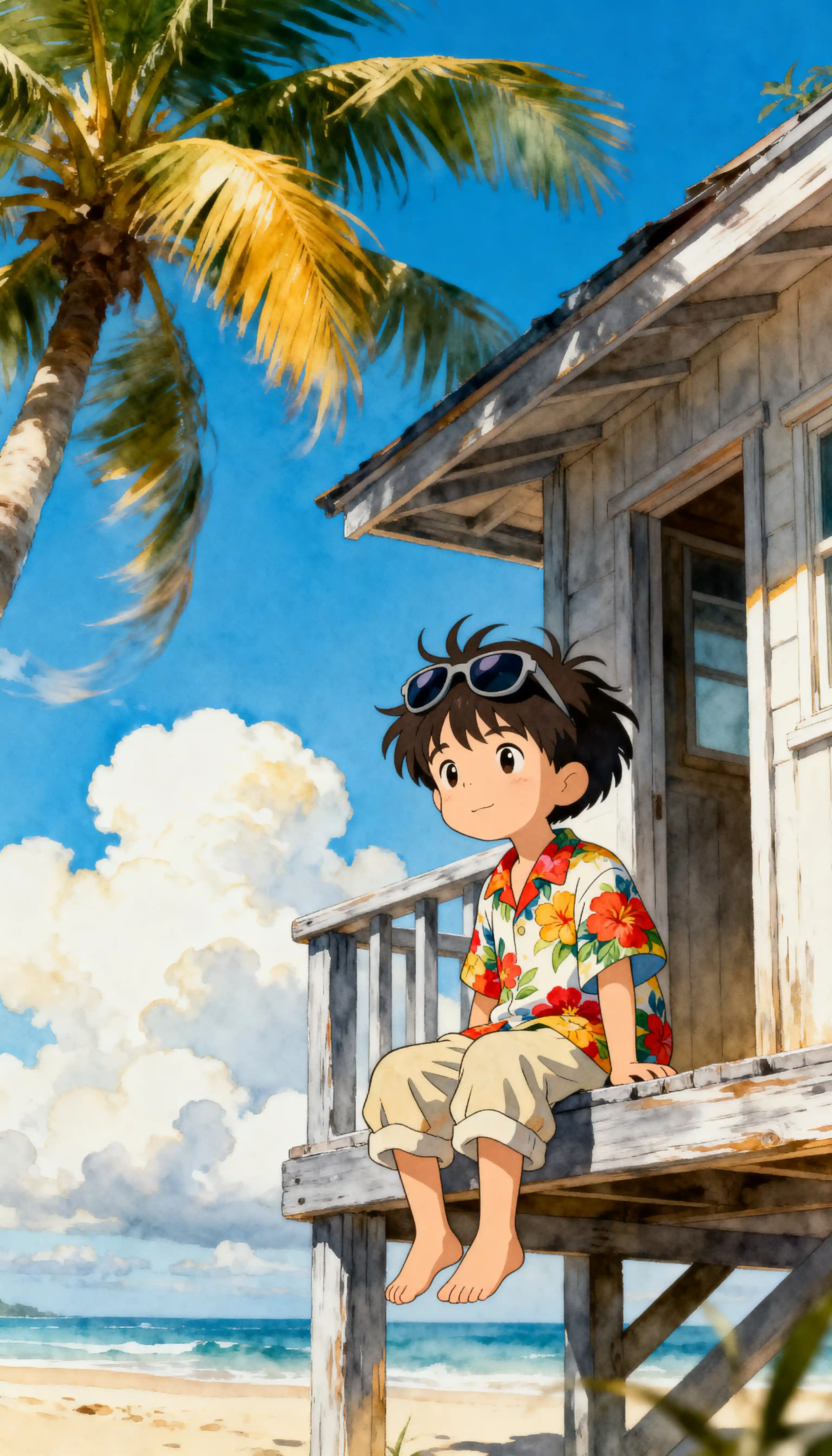 Chibi child relaxing on a tiny wooden beach house balcony