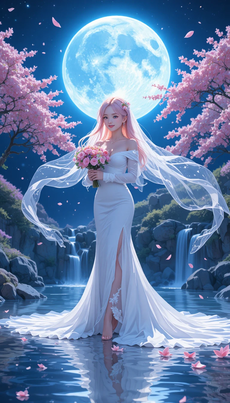 Sposa anime presso una cascata al chiaro di luna in un giardino di ciliegi in fiore