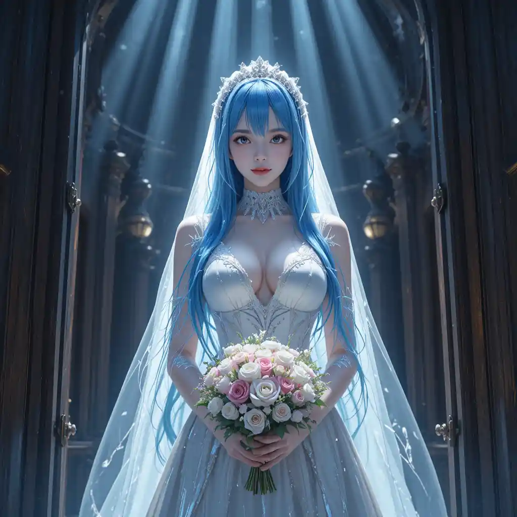 Anime bride with blue hair at a church doorway