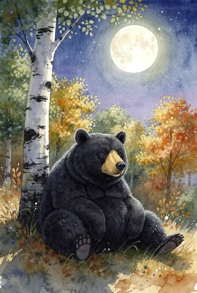 Watercolor black bear resting in an autumn forest night