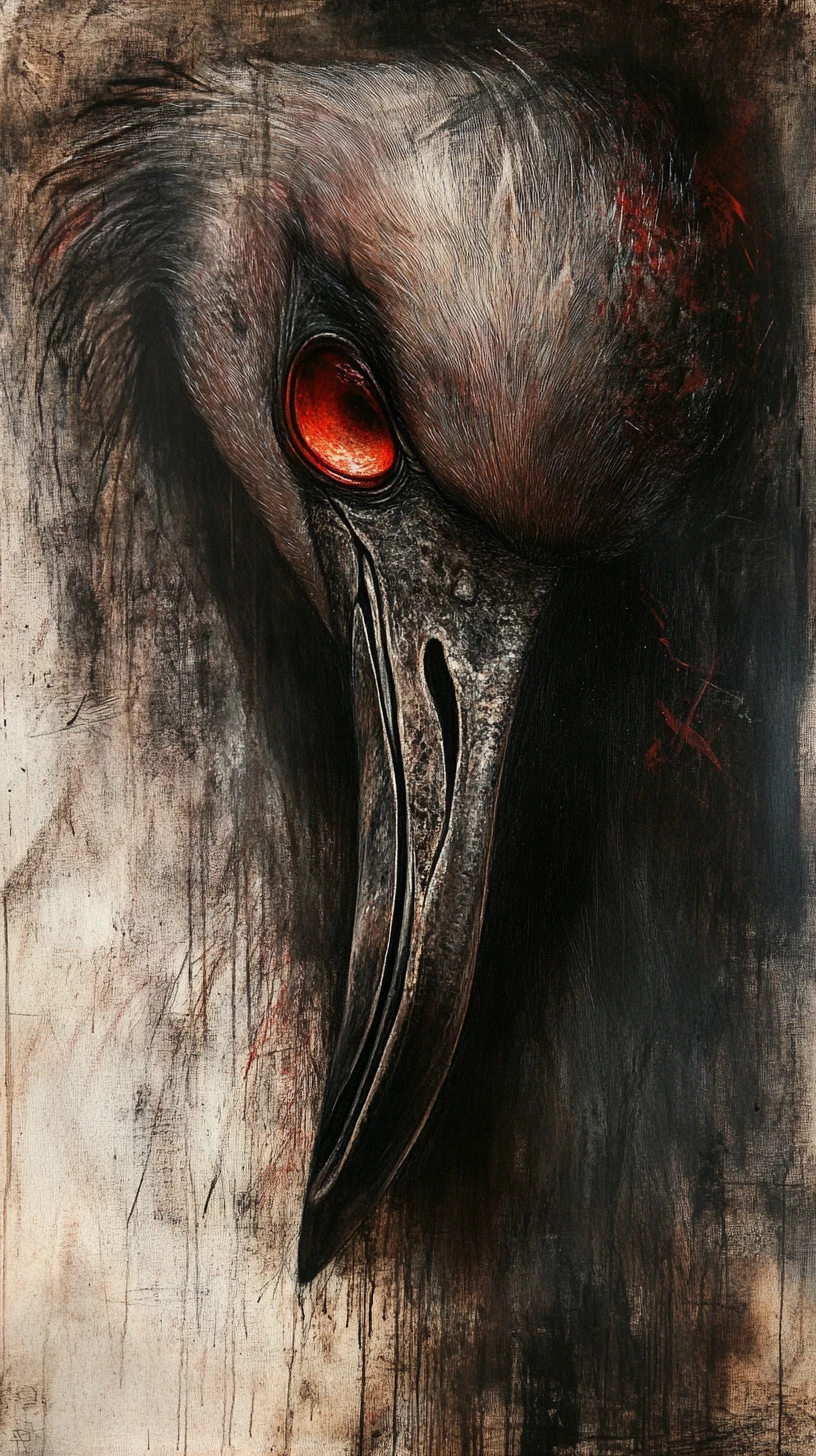 Flamingo surreal com grandes olhos refletivos em tinta abstrata