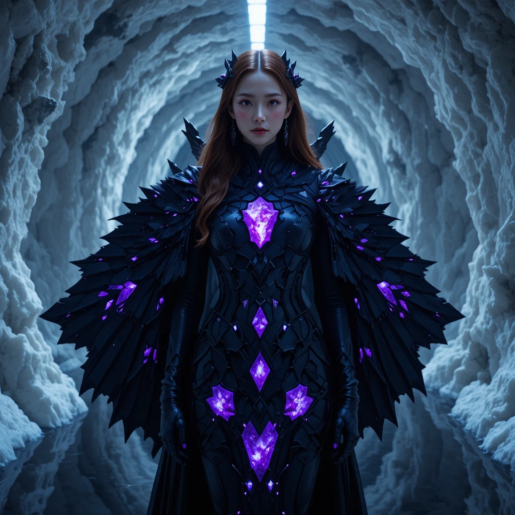 Regal void miner in obsidian gown within salt cavern