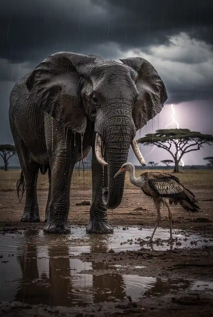 Elephant And Secretary Bird In Stormy Savanna Rain