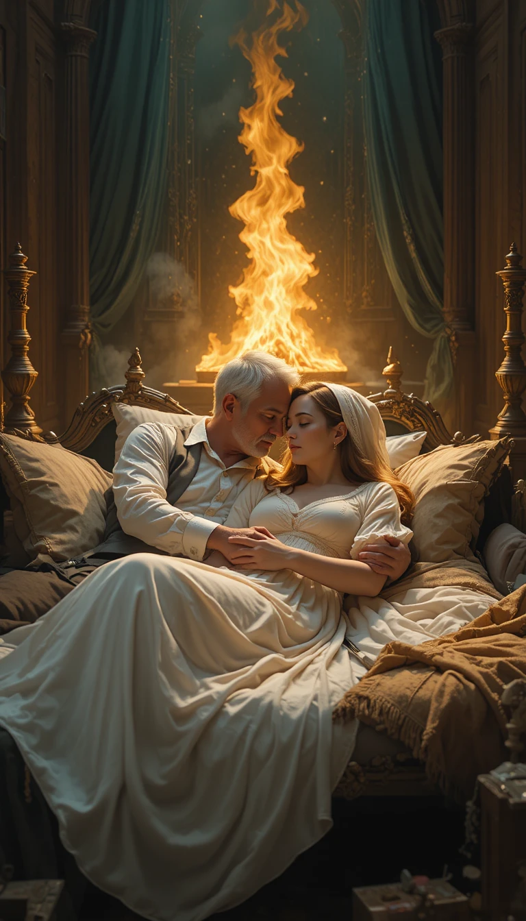 Elderly couple embracing on a mahogany four poster bed