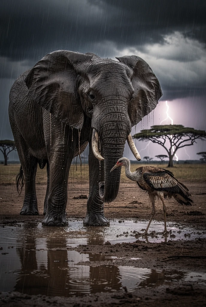 Elephant And Secretary Bird In Stormy Savanna Rain