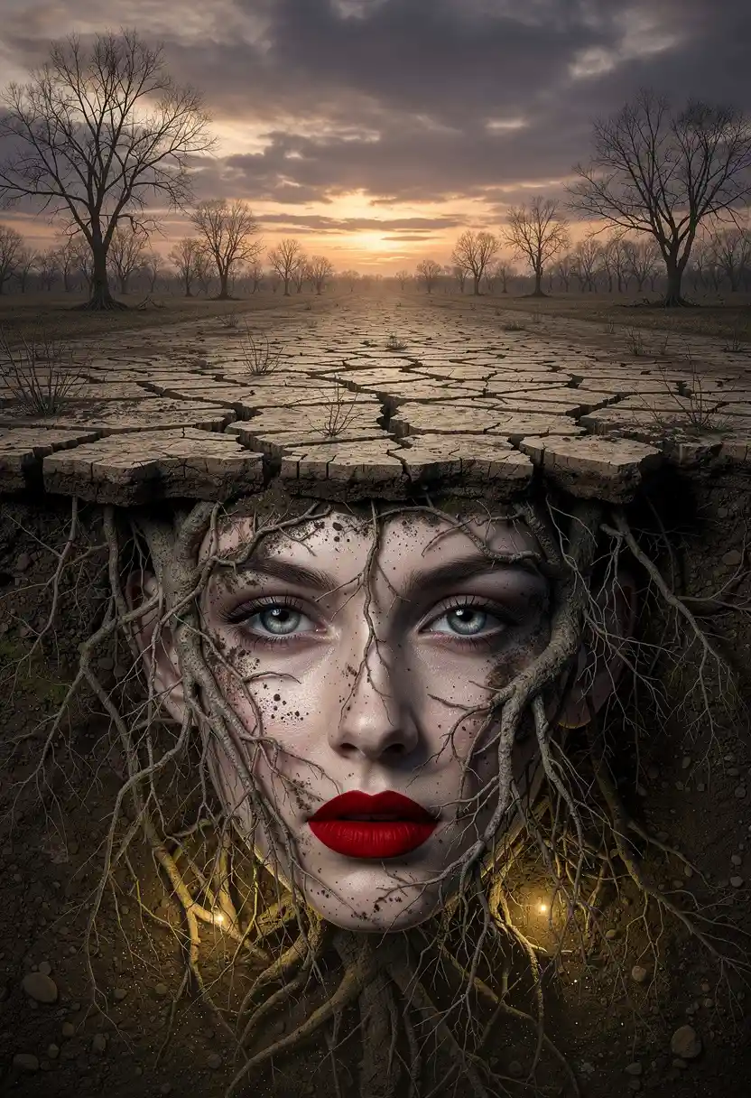 Mulher surreal fundida com raízes sob um pôr do sol árido