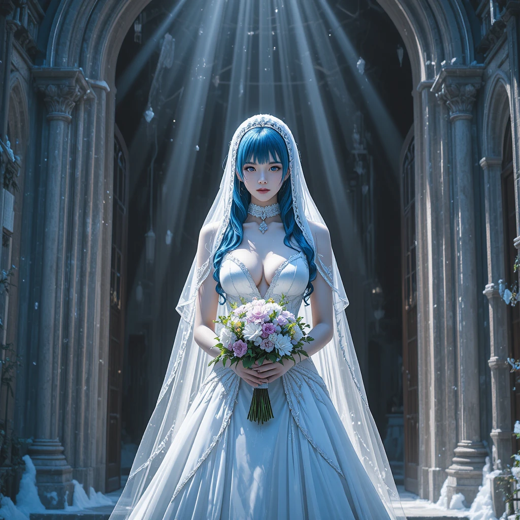 Anime bride with blue hair at a glowing church doorway