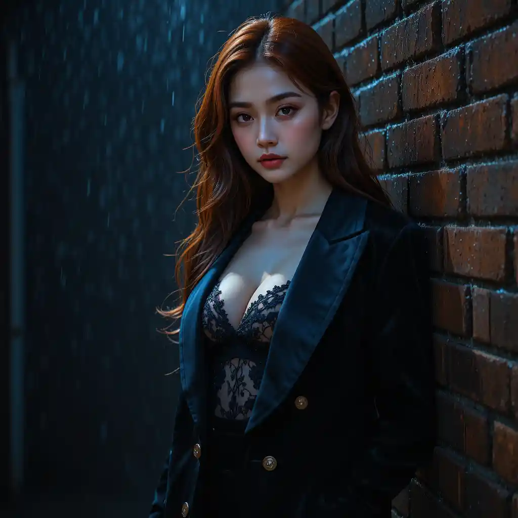 Korean femme fatale in velvet blazer in a rainy alley