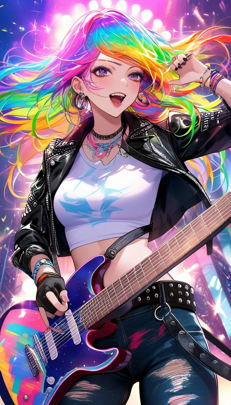 Teenage guitarist rocking out under colorful stage lights