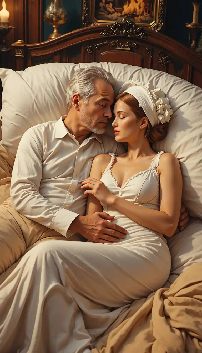 Elderly couple embracing closely on a heavy mahogany canopy bed