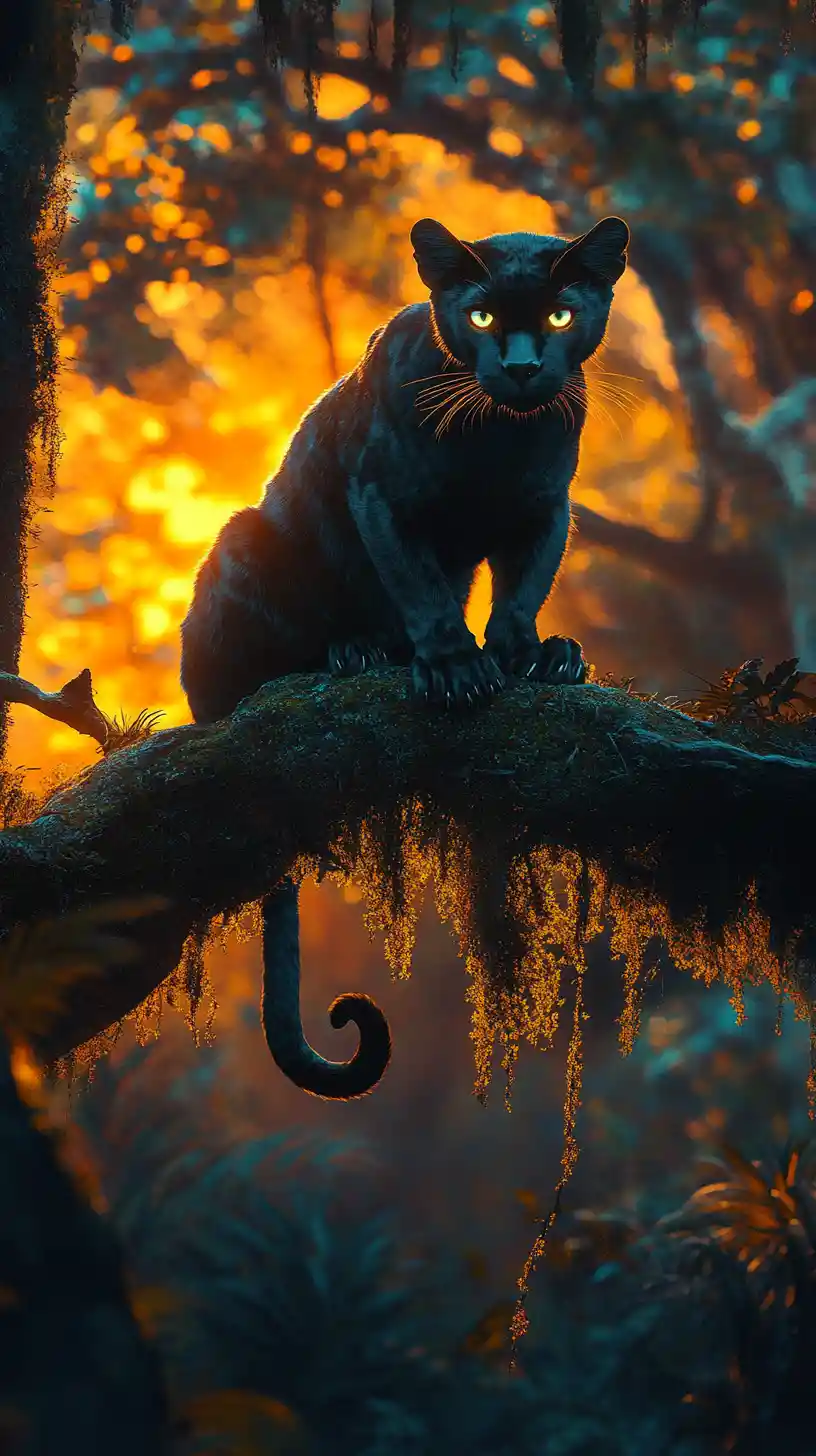 Panthère noire sur une branche de jungle en contre-jour dramatique au coucher du soleil