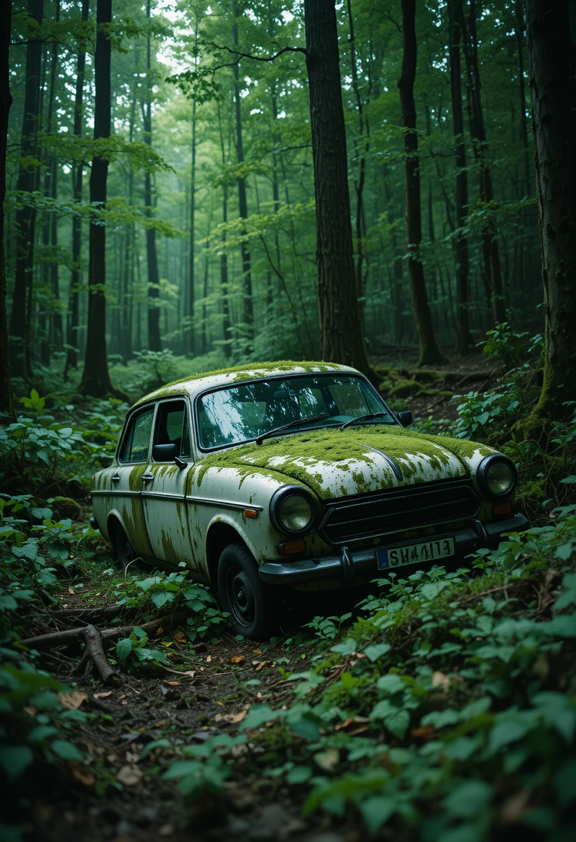 Carro branco abandonado meio enterrado em densa floresta verde