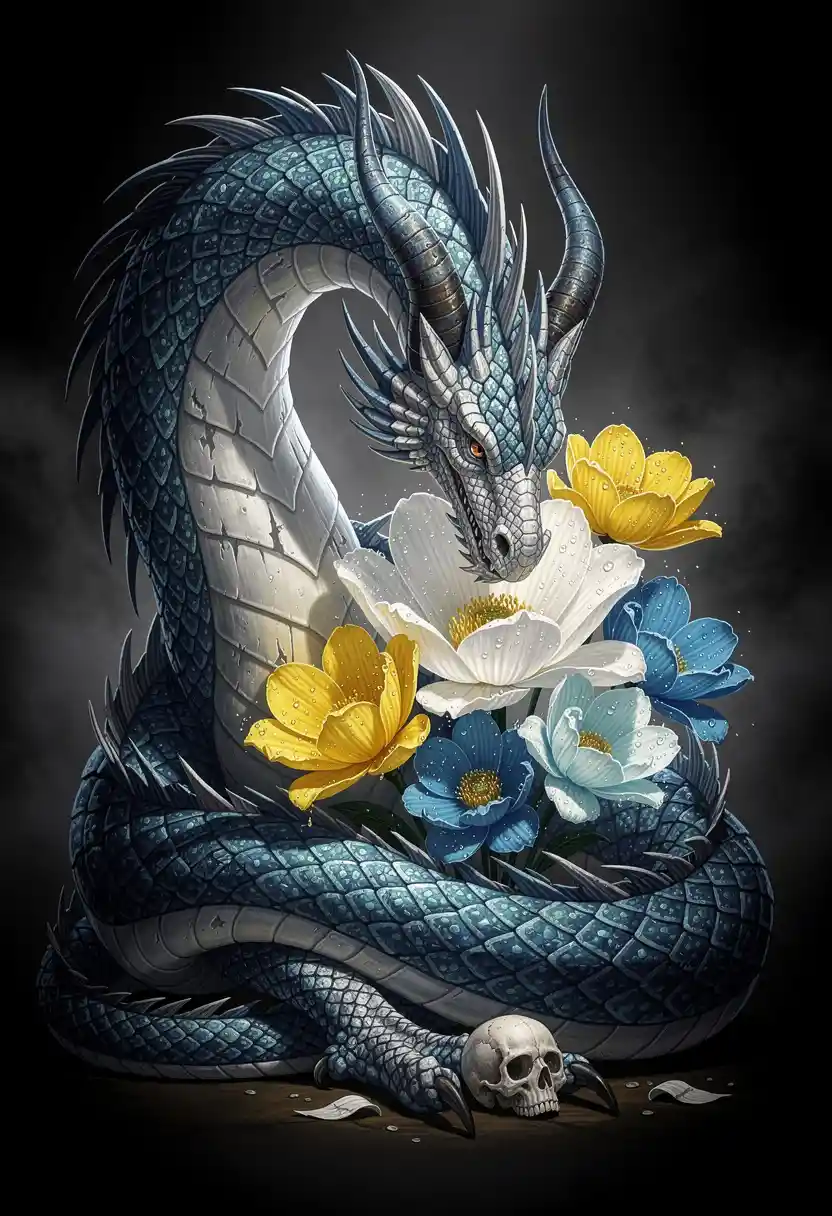 Blue dragon resting among oversized luminous flowers
