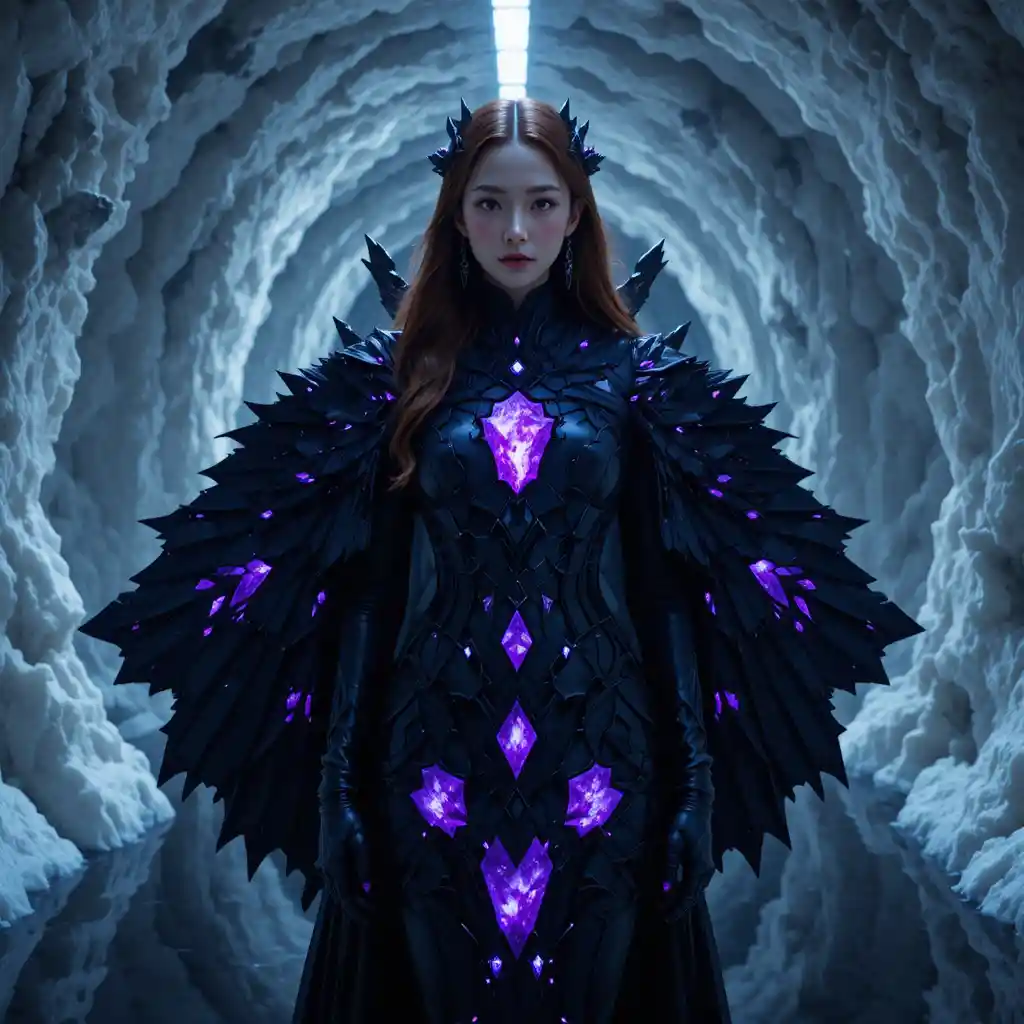 Regal void miner in obsidian gown within salt cavern