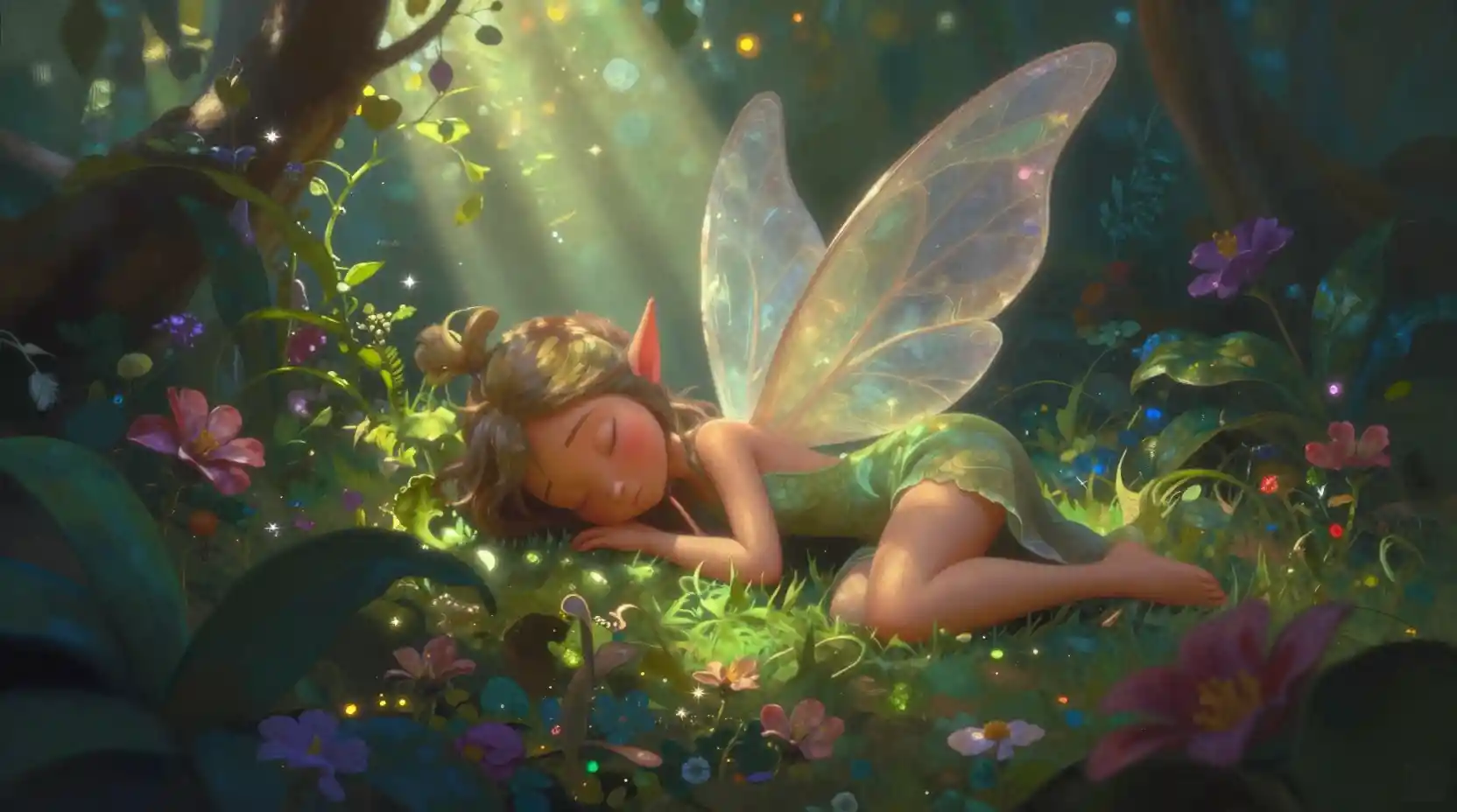 Sleeping pixie under glowing forest foliage in backlight