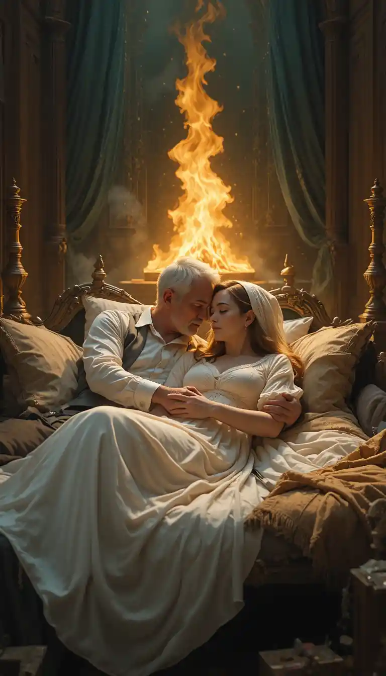 Elderly couple embracing on a mahogany four poster bed