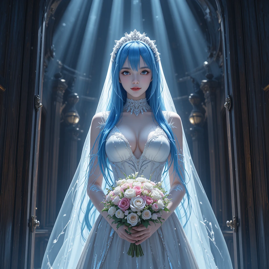 Anime bride with blue hair at a church doorway